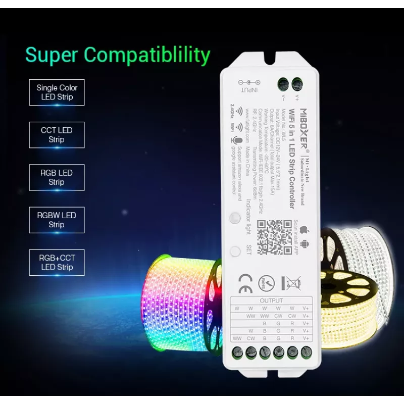 MIBOXER WL5 5in1 RGB+CCT LED-controller DC12-24V WiFi 2.4G Alexa