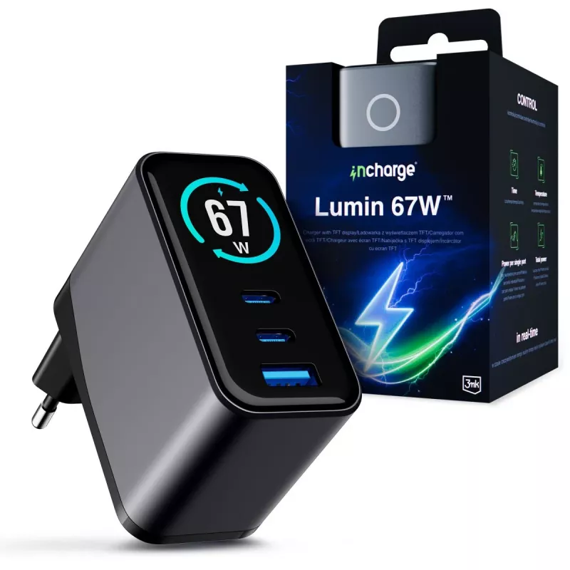 3mk InCharge Lumin 67W QC4+ display zwart/grijs