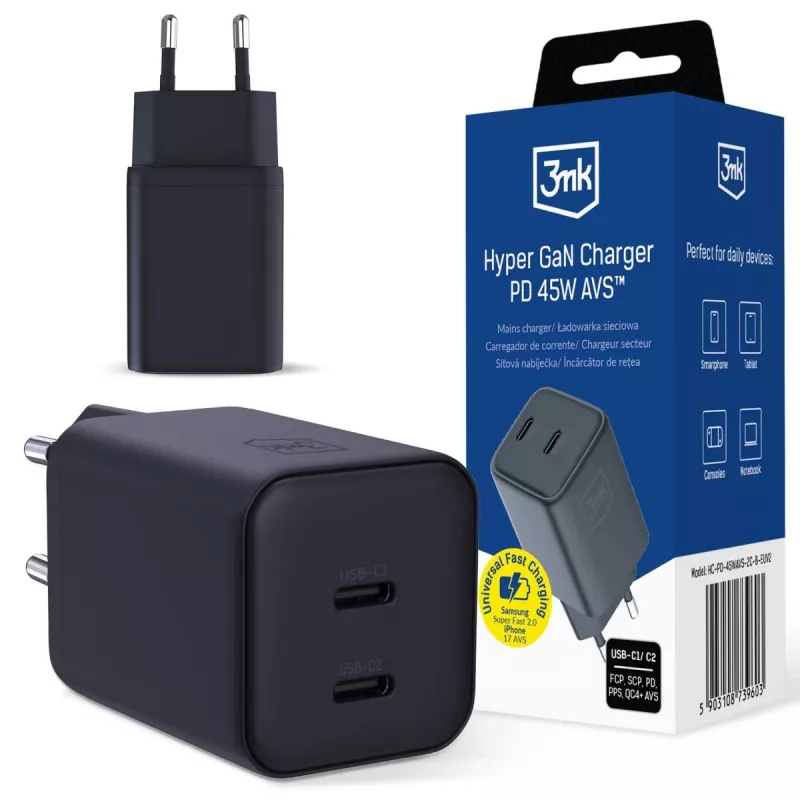 3MK Hyper Charger PD 45W GaN AVS QC4+ PPS AFC FCP DCP 2C zwart