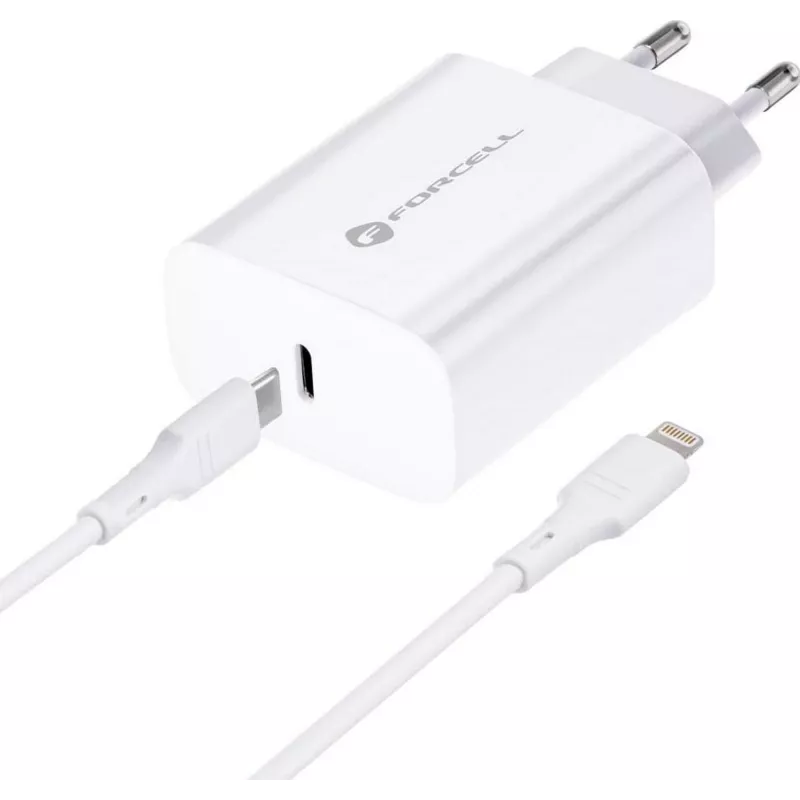 FORCELL F-ENERGY TFK-TC-20WPD USB-C-voeding met USB-C-naar-Lightning-kabel, 20W PD QC4.0, 3A, wit