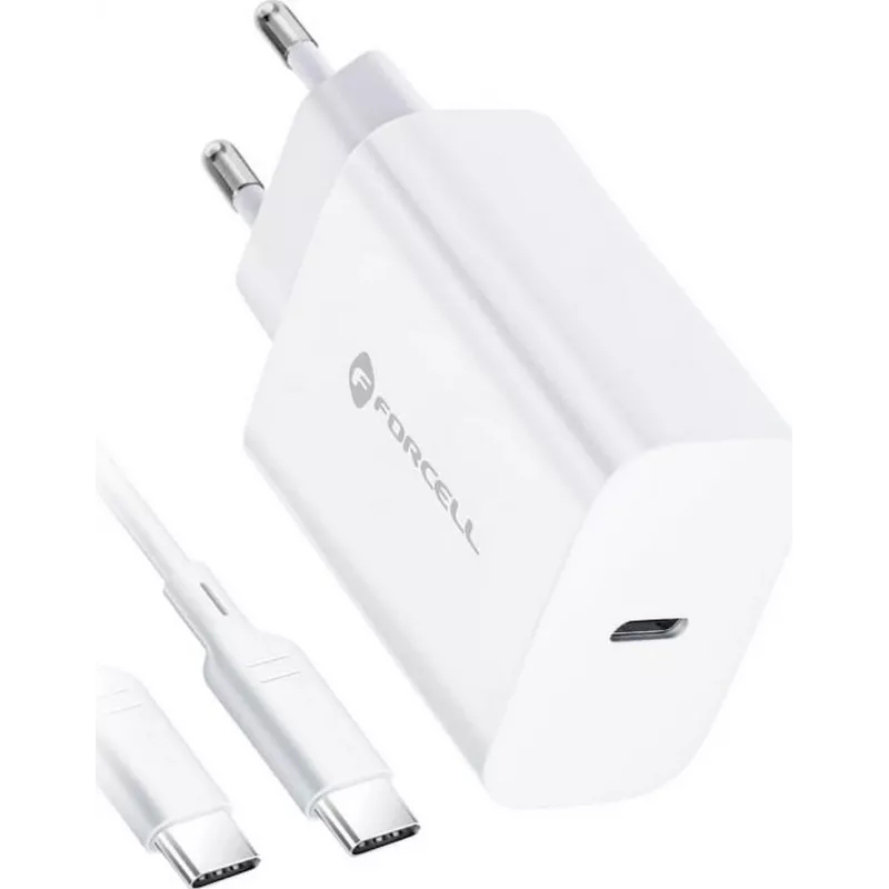 FORCELL F-ENERGY TFK-TC-25WPD USB-C-wandoplader 25W PD QC 3.0 met USB-C-naar-USB-C-kabel 3A wit