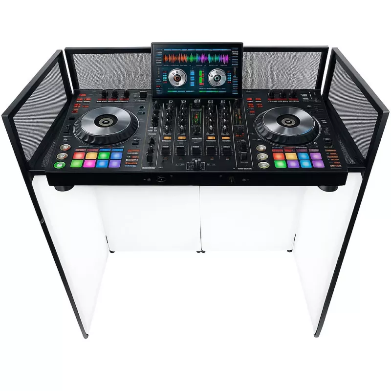 MOZOS EPDJ-100 DJ-podiumbekleding met tafel - groot scherm, wit paneel, zwart frame