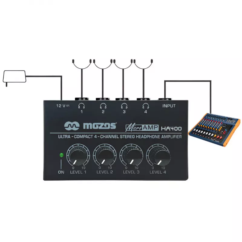 MOZOS HA400 4-kanaals stereo hoofdtelefoonversterker