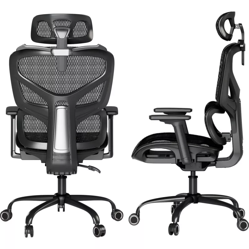 MOZOS ERGO-V ergonomische bureaustoel met verstelbare lendensteun en hoofdsteun, zwart