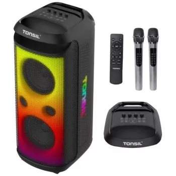 TONSIL Party Dance 1600 draagbare Bluetooth-partyluidspreker met LED-verlichting, karaoke, 1600W PMPO, 80W RMS, 10 inch woofer, TWS, FM-radio, microfoon en afstandsbediening