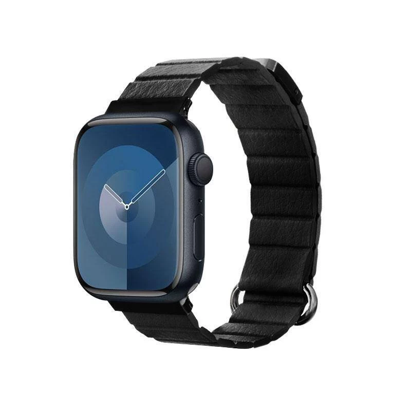 Crong Eclipse echt lederen magnetische lus bandje voor Apple Watch 44/45/46/49 mm (zwart)
