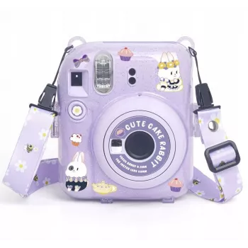 LOVEINSTANT beschermhoes voor Fujifilm Instax Mini 12 - Sweet Rabbit design, paars glitzer, met stickers en fototas