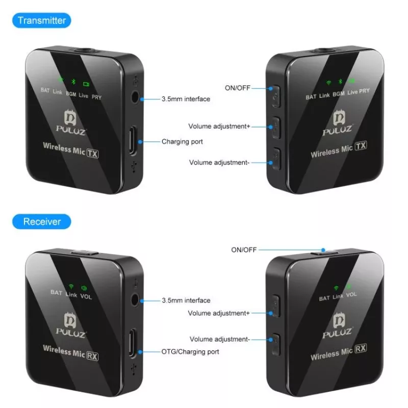 PULUZ PU3153B draadloze Bluetooth microfoon 3,5mm TRS/TRRS voor telefoon camera
