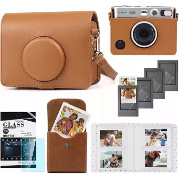 LOVEINSTANT 5-in-1 kit: beschermhoes + gehard glas + 64-vaks fotoalbum + fototasje + fotolijstjes voor Fuji Instax Mini Evo / bruin