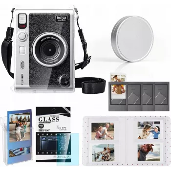 LOVEINSTANT 6-in-1 kit: transparante harde schaal + gehard glasbescherming + 64-vaks fotoalbum + objectiefdop + fotolijstjes + schouderband voor Fujifilm Instax Mini Evo