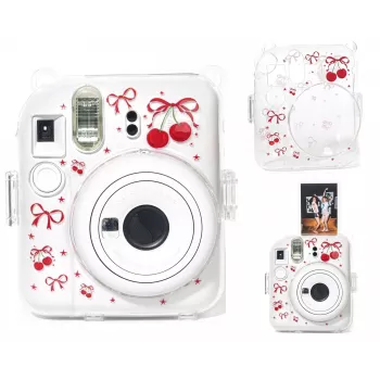 LOVEINSTANT harde beschermhoes voor Fujifilm Instax Mini 12 - rood kersenpatroon met schouderband