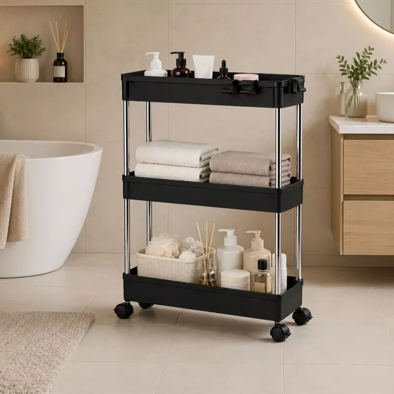 LEAN multifunctionele mobiele stellingwagen met 3 plateaus op wielen, zwart