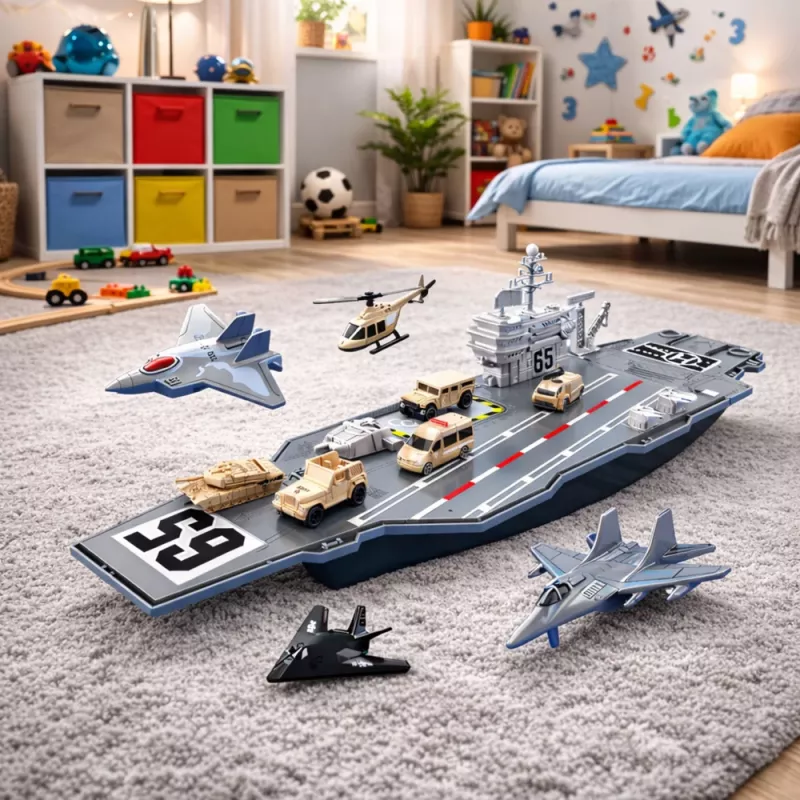 LEAN TOYS Groot militair vliegdekschip met straaljagers, tanks en voertuigen 70 cm