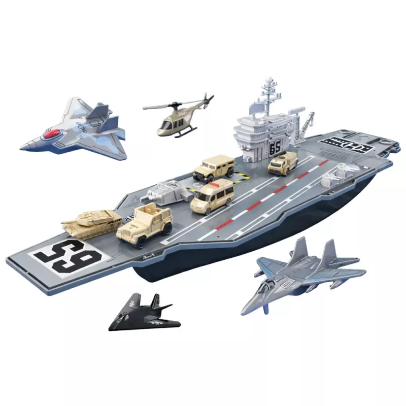 LEAN TOYS Groot militair vliegdekschip met straaljagers, tanks en voertuigen 70 cm