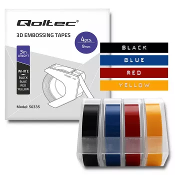 Qoltec set van 4 reliëftapes voor DYMO Omega | 9mm x 3m | 4 kleuren | zelfklevend