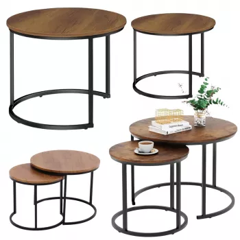 LEAN Set van 2-in-1 Ronde Salontafels Vintage Natuurlijk Hout 70x50cm 45x44cm