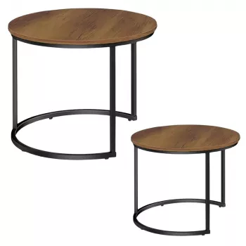 LEAN Set van 2-in-1 Ronde Salontafels Vintage Natuurlijk Hout 70x50cm 45x44cm