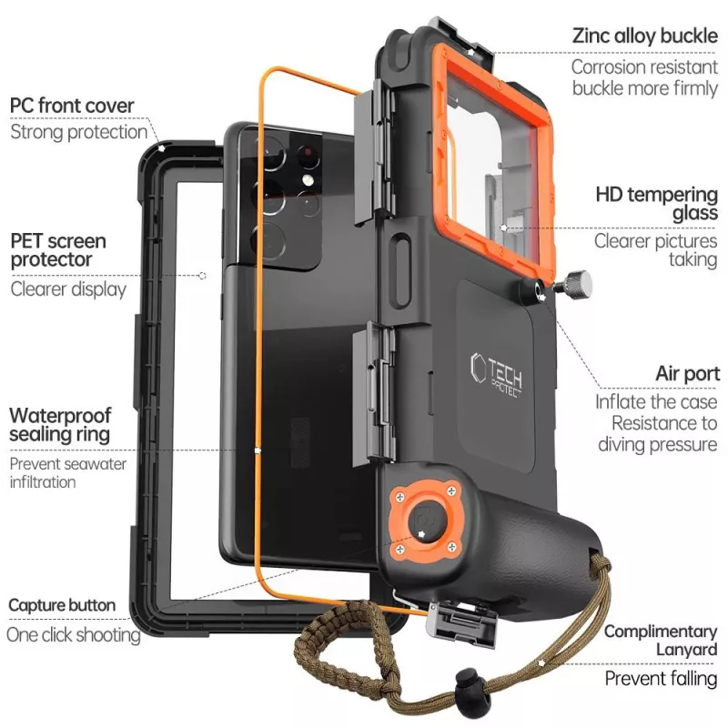 TECH-PROTECT IPX8 universele waterdichte duikhoes zwart/oranje