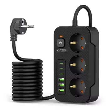 TECH-PROTECT PC3X6 stekkerdoos 3 USB & 3 Type-C & 3 stopcontact 200cm zwart