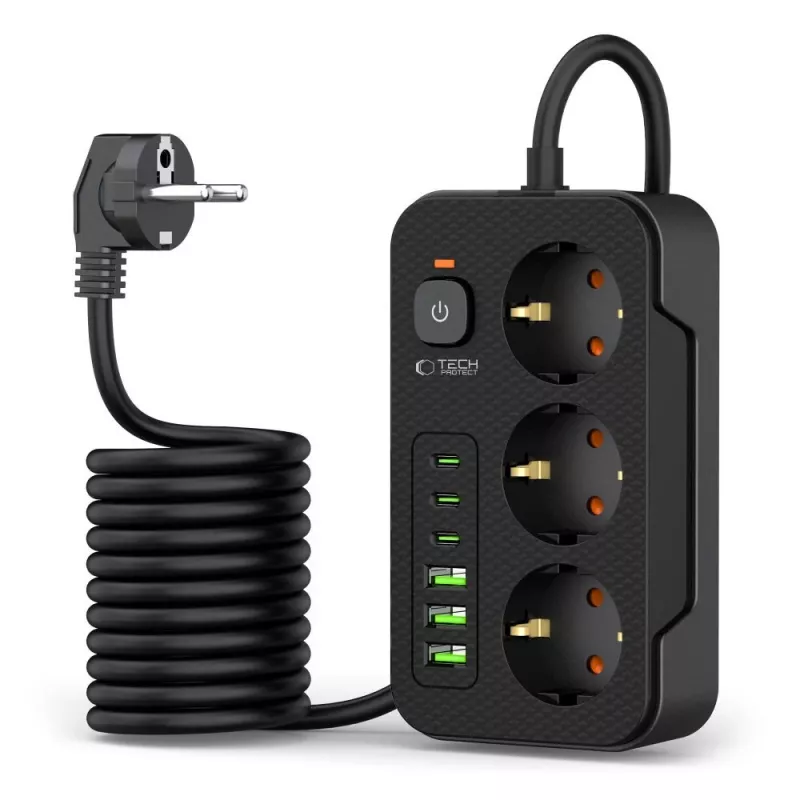 TECH-PROTECT PC3X6 stekkerdoos 3 USB & 3 Type-C & 3 stopcontact 200cm zwart