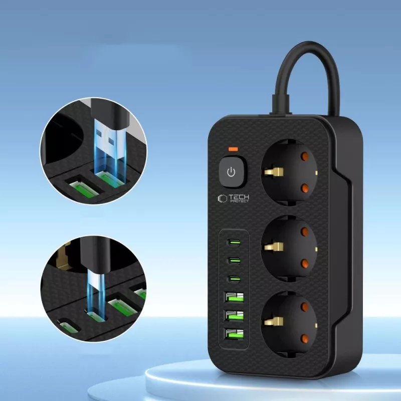 TECH-PROTECT PC3X6 stekkerdoos 3 USB & 3 Type-C & 3 stopcontact 200cm zwart