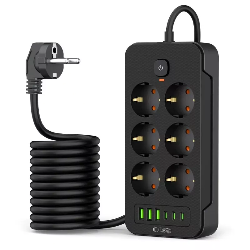 TECH-PROTECT PC6X6 stekkerdoos 3 USB & 3 Type-C & 6 stopcontact 200cm zwart