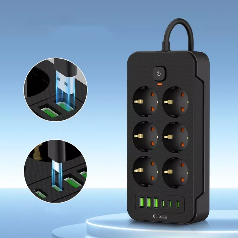 TECH-PROTECT PC6X6 stekkerdoos 3 USB & 3 Type-C & 6 stopcontact 200cm zwart