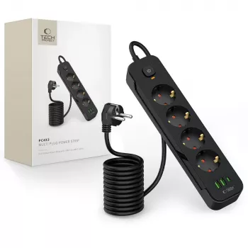 TECH-PROTECT PCL4X3 stekkerdoos lang 2 USB & 1 Type-C & 4 stopcontact 200cm zwart