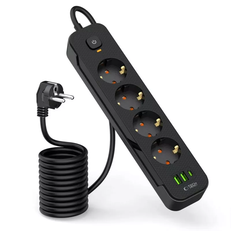 TECH-PROTECT PCL4X3 stekkerdoos lang 2 USB & 1 Type-C & 4 stopcontact 200cm zwart