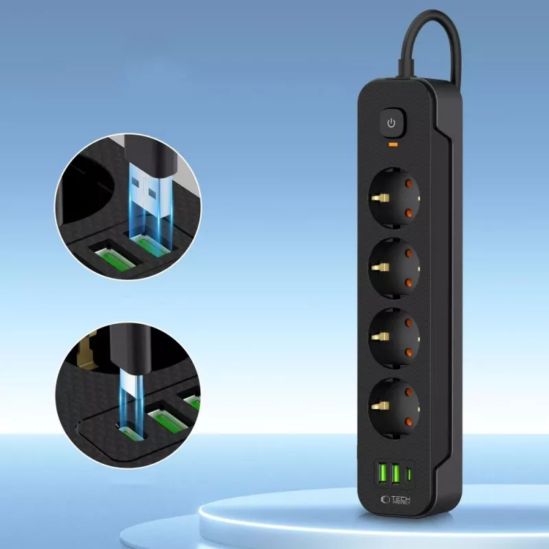 TECH-PROTECT PCL4X3 stekkerdoos lang 2 USB & 1 Type-C & 4 stopcontact 200cm zwart