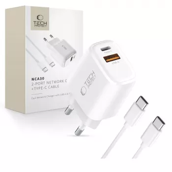 TECH-PROTECT NCA30 2-poorts netwerkoplader PD 30W / QC3.0 + USB-C-kabel wit