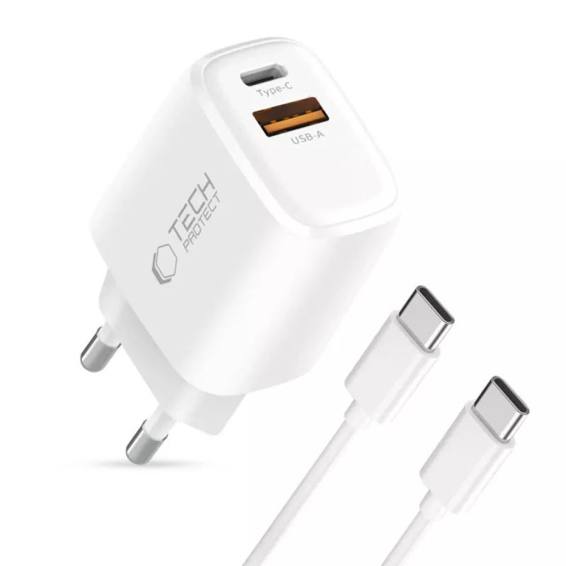 TECH-PROTECT NCA30 2-poorts netwerkoplader PD 30W / QC3.0 + USB-C-kabel wit