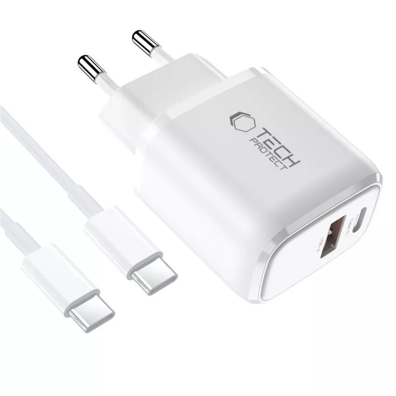 TECH-PROTECT NCA30 2-poorts netwerkoplader PD 30W / QC3.0 + USB-C-kabel wit
