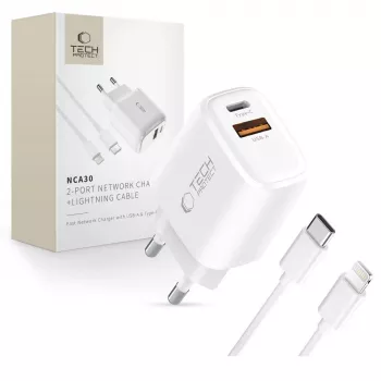 TECH-PROTECT NCA30 2-poorts netwerkoplader PD 30W / QC3.0 + Lightning-kabel wit