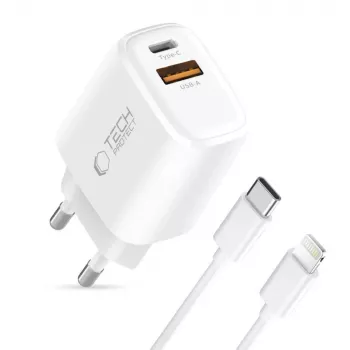 TECH-PROTECT NCA30 2-poorts netwerkoplader PD 30W / QC3.0 + Lightning-kabel wit