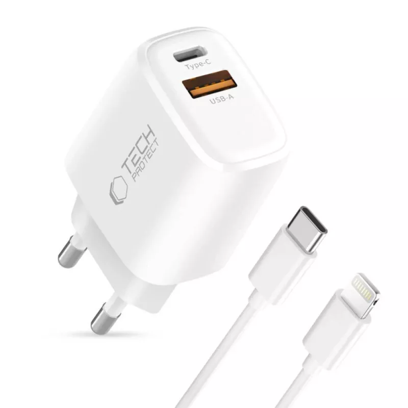 TECH-PROTECT NCA30 2-poorts netwerkoplader PD 30W / QC3.0 + Lightning-kabel wit
