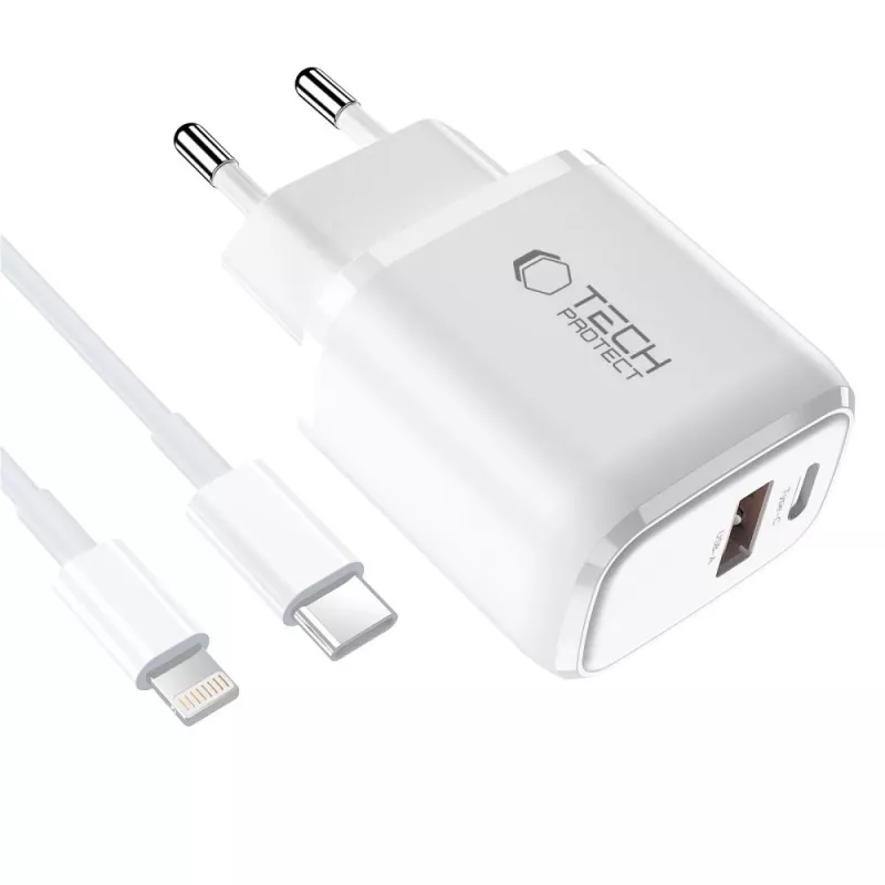 TECH-PROTECT NCA30 2-poorts netwerkoplader PD 30W / QC3.0 + Lightning-kabel wit