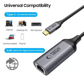 TECH-PROTECT ULTRABOOST adapter USB-C naar Ethernet RJ45 1000 Mbps zwart