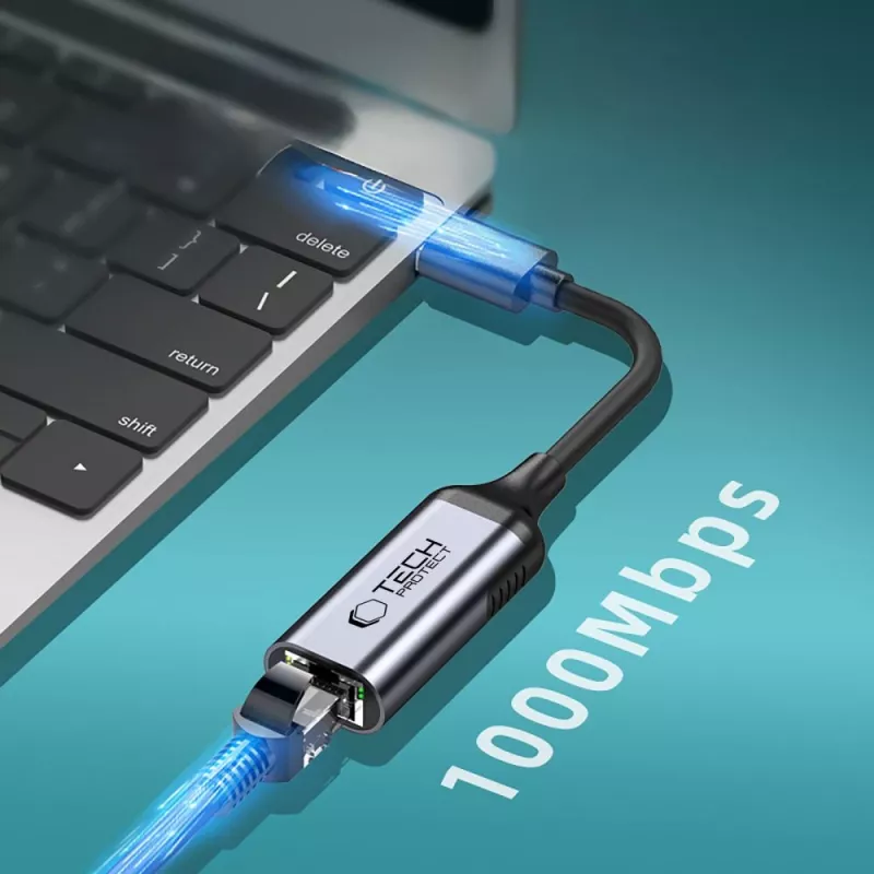 TECH-PROTECT ULTRABOOST adapter USB-C naar Ethernet RJ45 1000 Mbps zwart