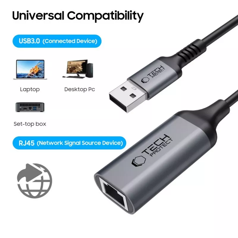 TECH-PROTECT ULTRABOOST adapter USB 3.0 naar Ethernet RJ45 1000Mbps zwart