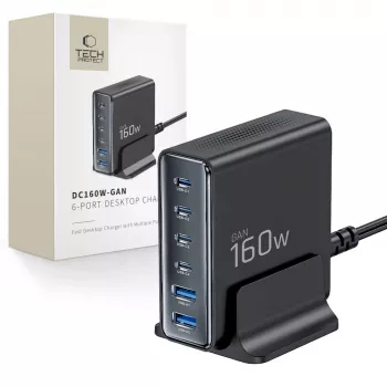 TECH-PROTECT DC160W-GAN 6-poorts desktop oplader PD 160W / QC3.0 zwart