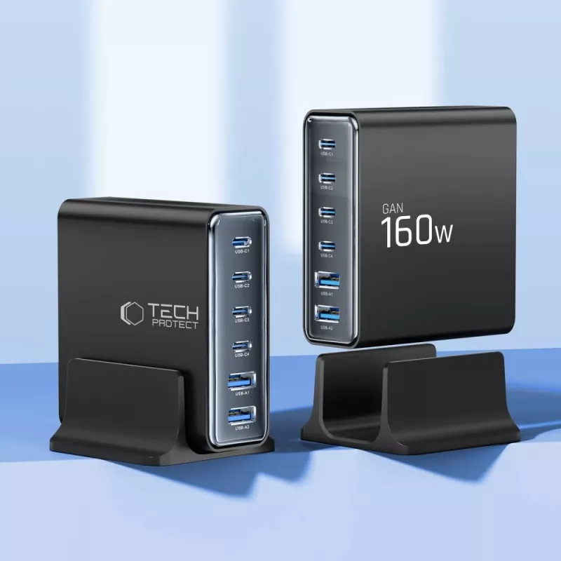 TECH-PROTECT DC160W-GAN 6-poorts desktop oplader PD 160W / QC3.0 zwart
