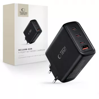 TECH-PROTECT NC120W-GAN 4-poorts netwerkoplader PD 120W / QC3.0 zwart