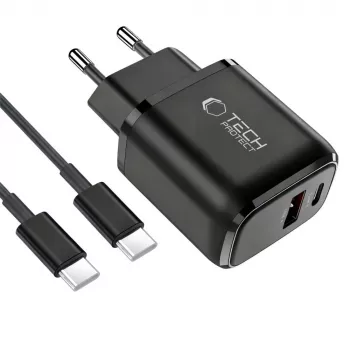TECH-PROTECT NCA45W-GAN 2-poorts netwerkoplader PD 45W / QC3.0 + USB-C-kabel zwart