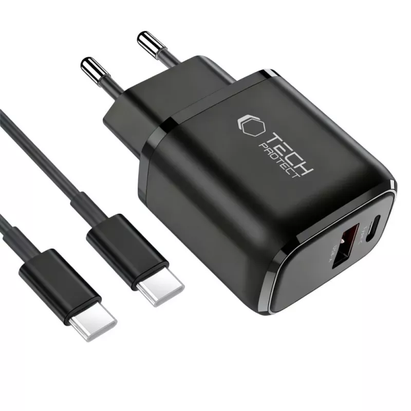 TECH-PROTECT NCA45W-GAN 2-poorts netwerkoplader PD 45W / QC3.0 + USB-C-kabel zwart