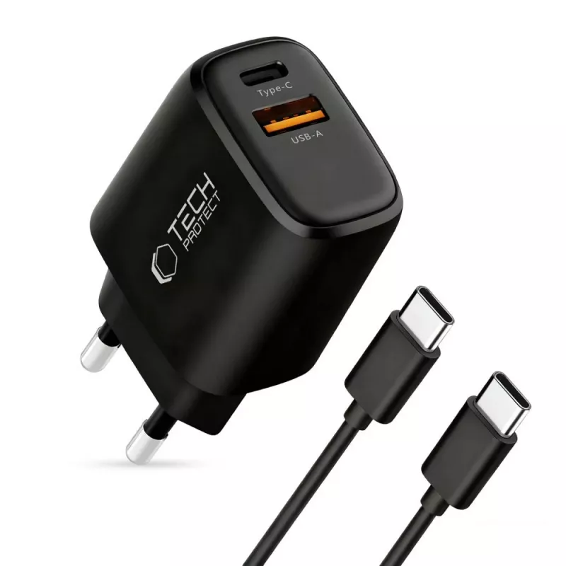 TECH-PROTECT NCA45W-GAN 2-poorts netwerkoplader PD 45W / QC3.0 + USB-C-kabel zwart