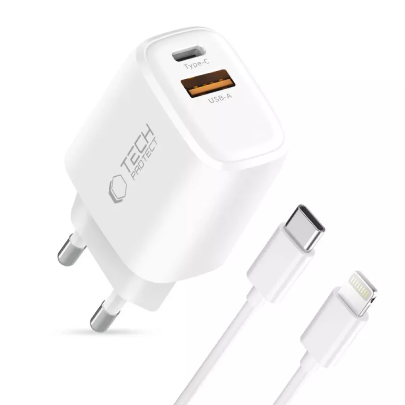 TECH-PROTECT NCA45W-GAN 2-poorts netwerkoplader PD 45W / QC3.0 + Lightning-kabel wit
