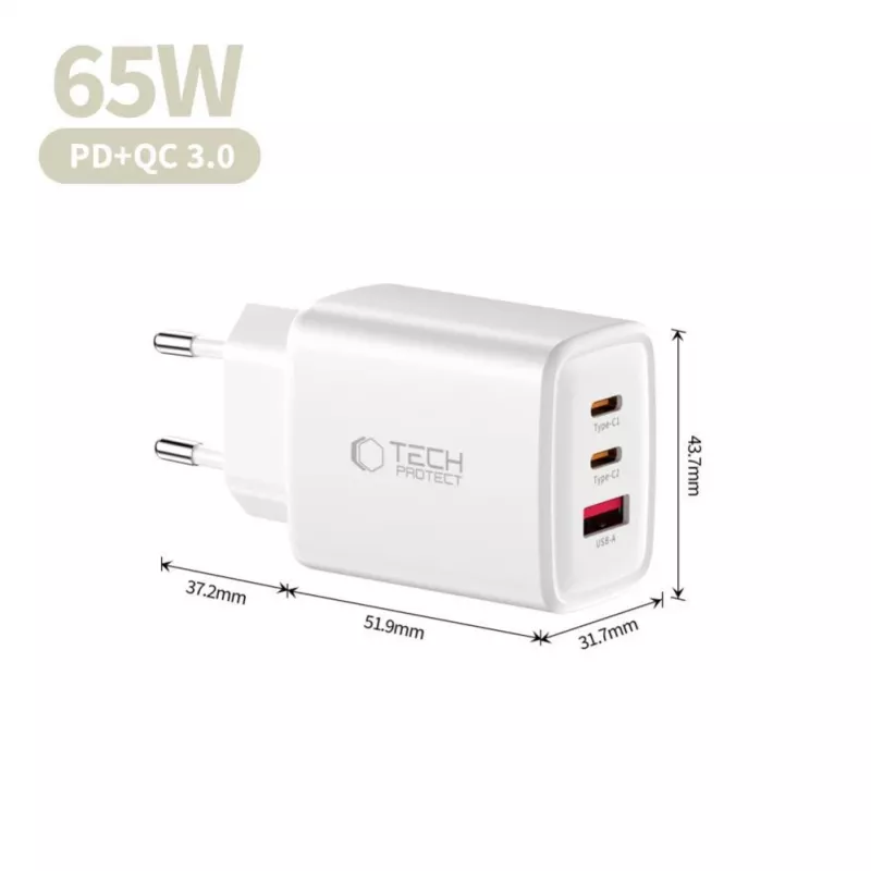 TECH-PROTECT NCA65W-GAN 3-poorts netwerkoplader PD 65W / QC3.0 wit
