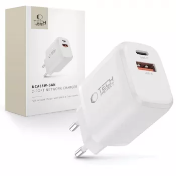 TECH-PROTECT NCA65W-GAN 2-poorts netwerkoplader PD 65W / QC3.0 wit