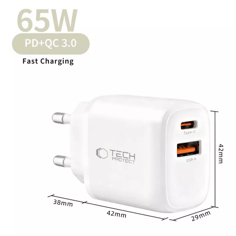 TECH-PROTECT NCA65W-GAN 2-poorts netwerkoplader PD 65W / QC3.0 wit